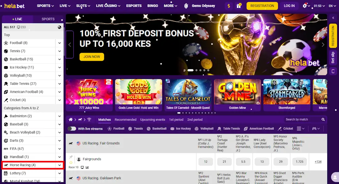 Helabet Sportsbook and Casino and Horse Racing Betting Screenshot